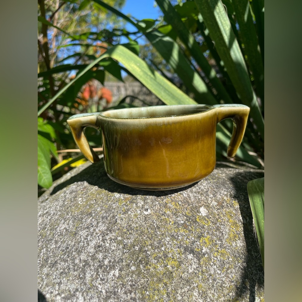 Vintage Green Ceramic Double-Handled Bowl